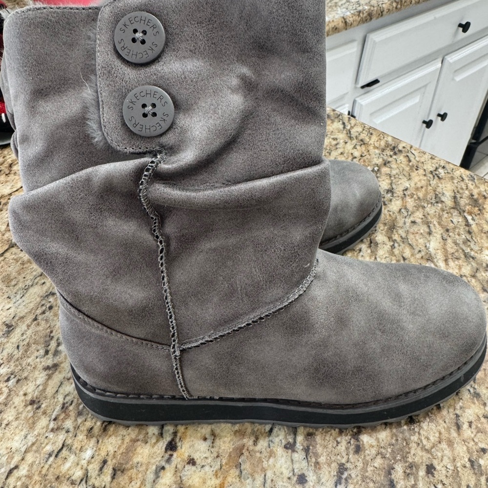 Skechers Gray Slouch Boots with Button Accent